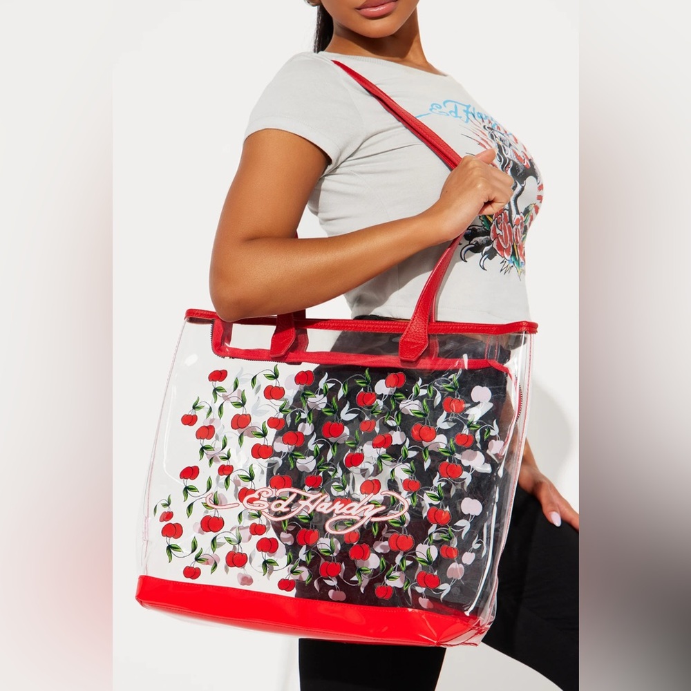 NWT Ed Hardy Red Cherry Print Clear Tote Bag